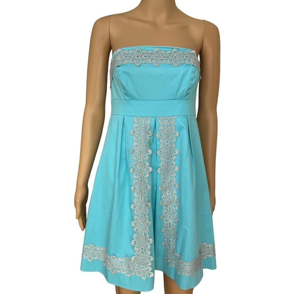 LILLY PULITZER Aqua Silver Metallic Embroidered Trim Strapless Dress Size 2